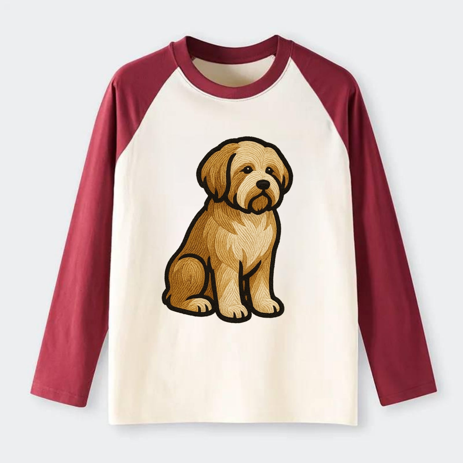 Tibetan Terrier - Gold and white embroidered sitting pose - Raglan Long Sleeve T-Shirt - Red