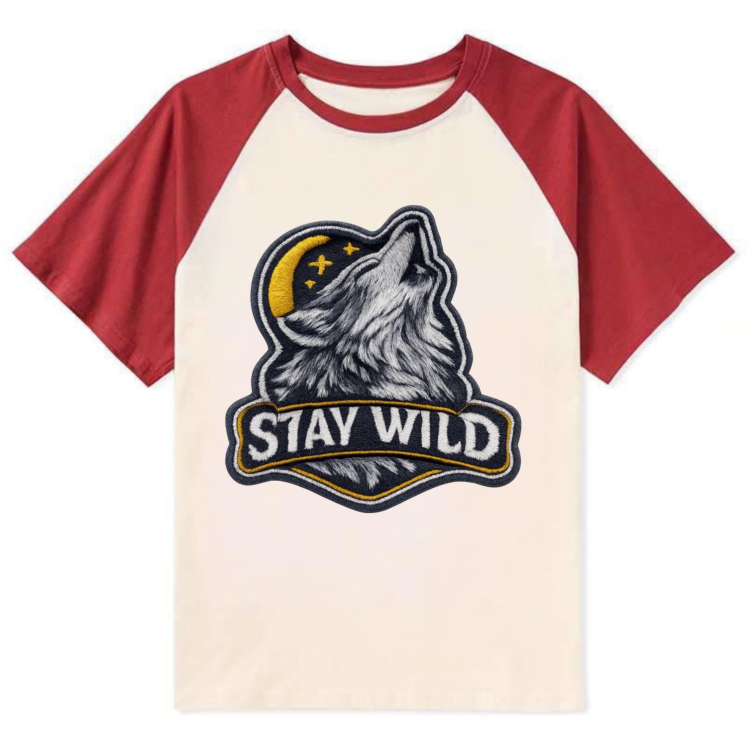 STAY WILD - wolf with text in gray , free spirit - Contrast Raglan T-shirt - Red