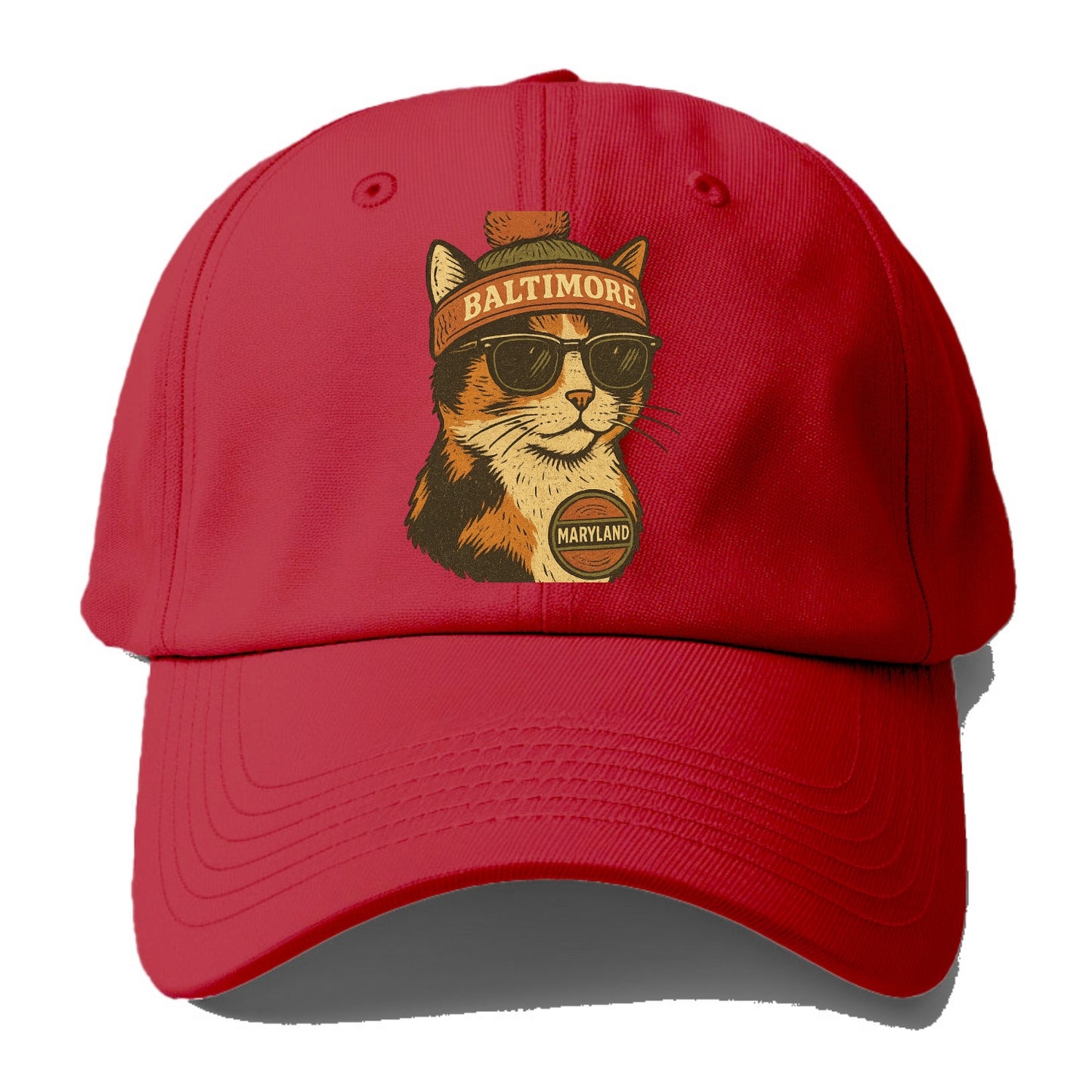 Maryland Calico Cat wearing Baltimore beanie with pom pom and wayfarer sunglasses - Baseball Cap - Red