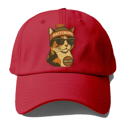 Maryland Calico Cat wearing Baltimore beanie with pom pom and wayfarer sunglasses - Baseball Cap - Red
