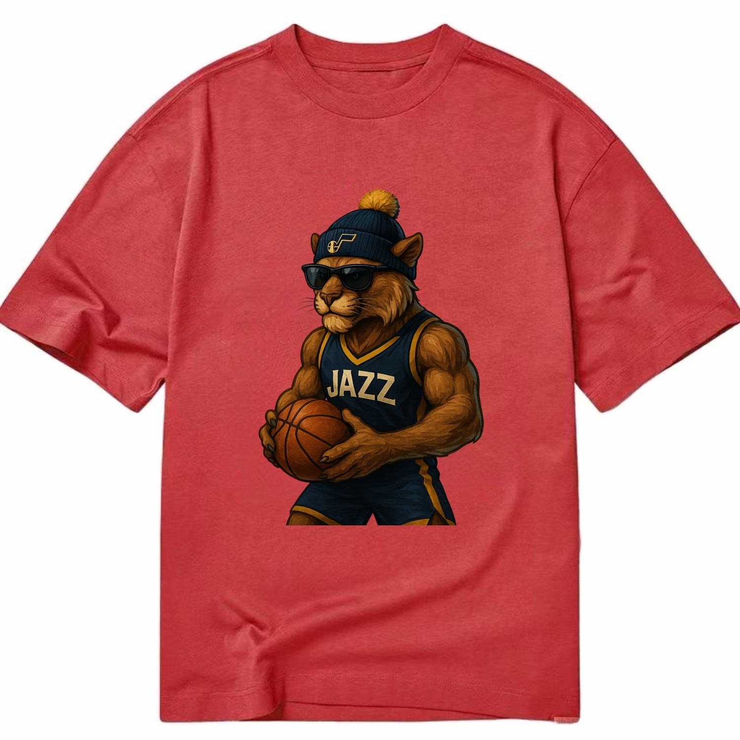 Utah Mountain Lion wearing Jazz navy and yellow beanie with music note and - Classic T-shirt - Red