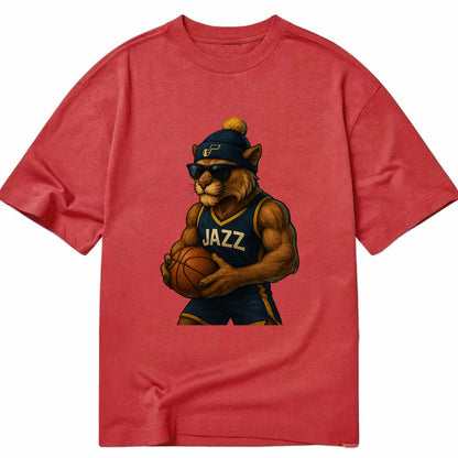 Utah Mountain Lion wearing Jazz navy and yellow beanie with music note and - Classic T-shirt - Red