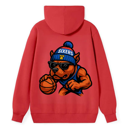Philly Pitbull wearing Sixers beanie with Liberty Bell and wayfarer - Classic Pullover Hoodie - Red