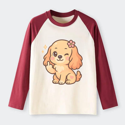 Cocker Spaniel with long wavy ears, gentle face, paw flipping off - Raglan Long Sleeve T-Shirt - Red