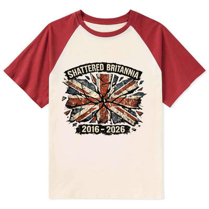 SHATTERED BRITANNIA | Cracked broken Union Jack | Fragmented glass effect - Contrast Raglan T-shirt - Red
