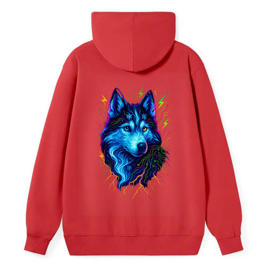 Siberian husky with ice-crystal flowing patterns, electric blue and white - Classic Pullover Hoodie - Red
