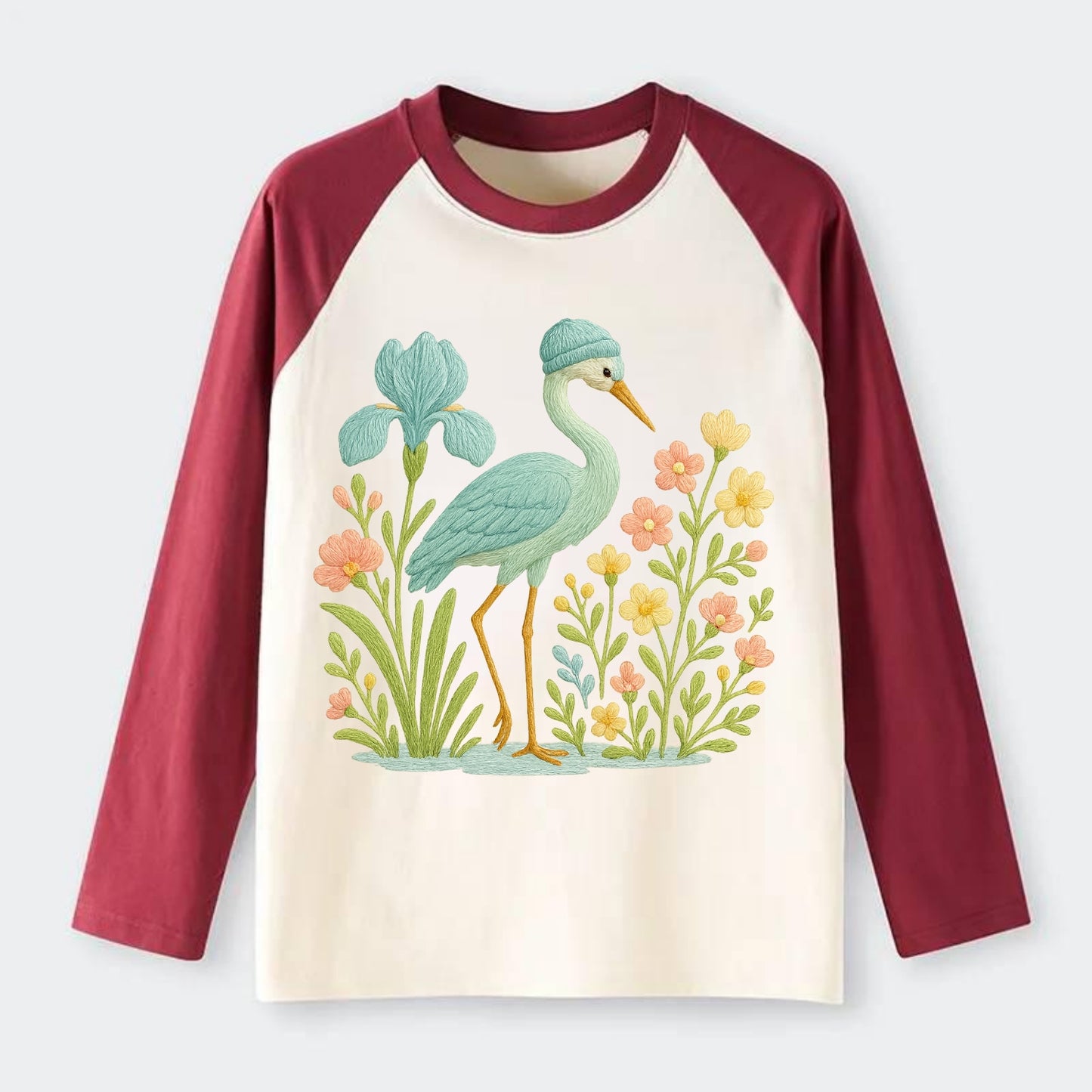 Mint Crane - Raglan Long Sleeve T-Shirt - Red