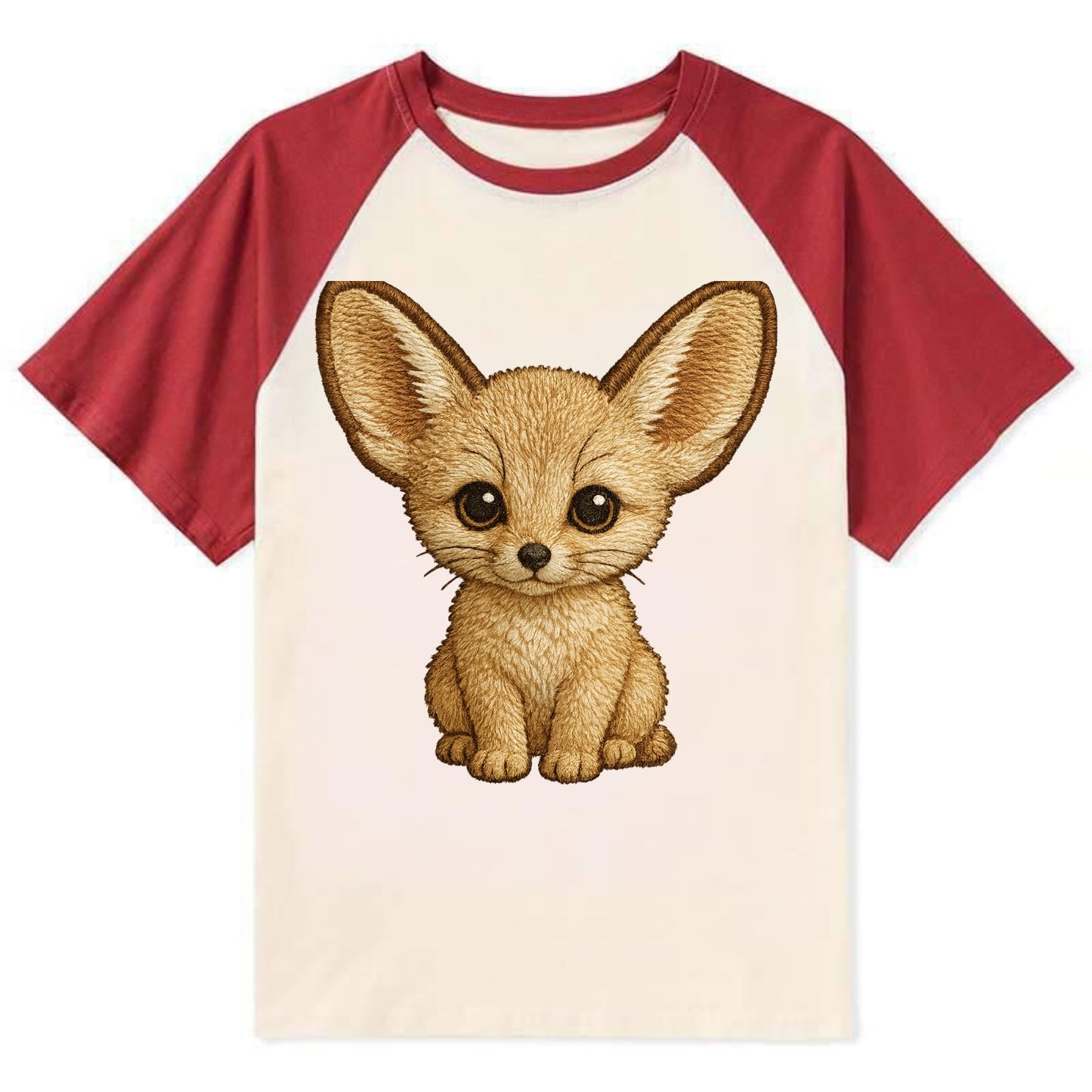Baby Fennec Fox - huge ears, cream fur, large dark eyes, front-facing, - Contrast Raglan T-shirt - Red