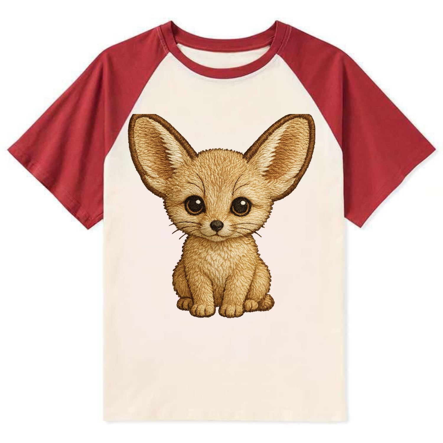 Baby Fennec Fox - huge ears, cream fur, large dark eyes, front-facing, - Contrast Raglan T-shirt - Red