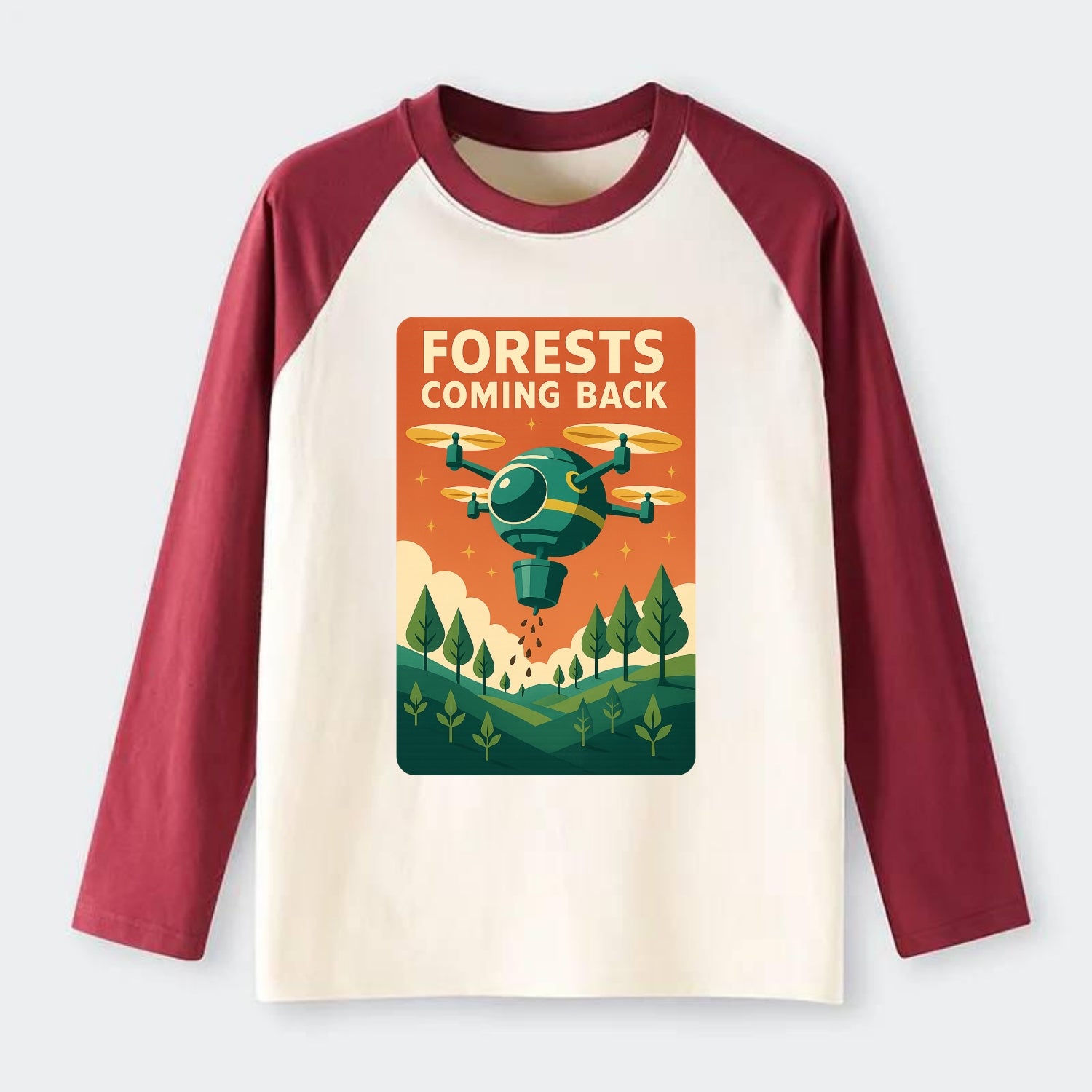 Reforestation drone planting millions of trees - "Forests Coming Back" - Raglan Long Sleeve T-Shirt - Red
