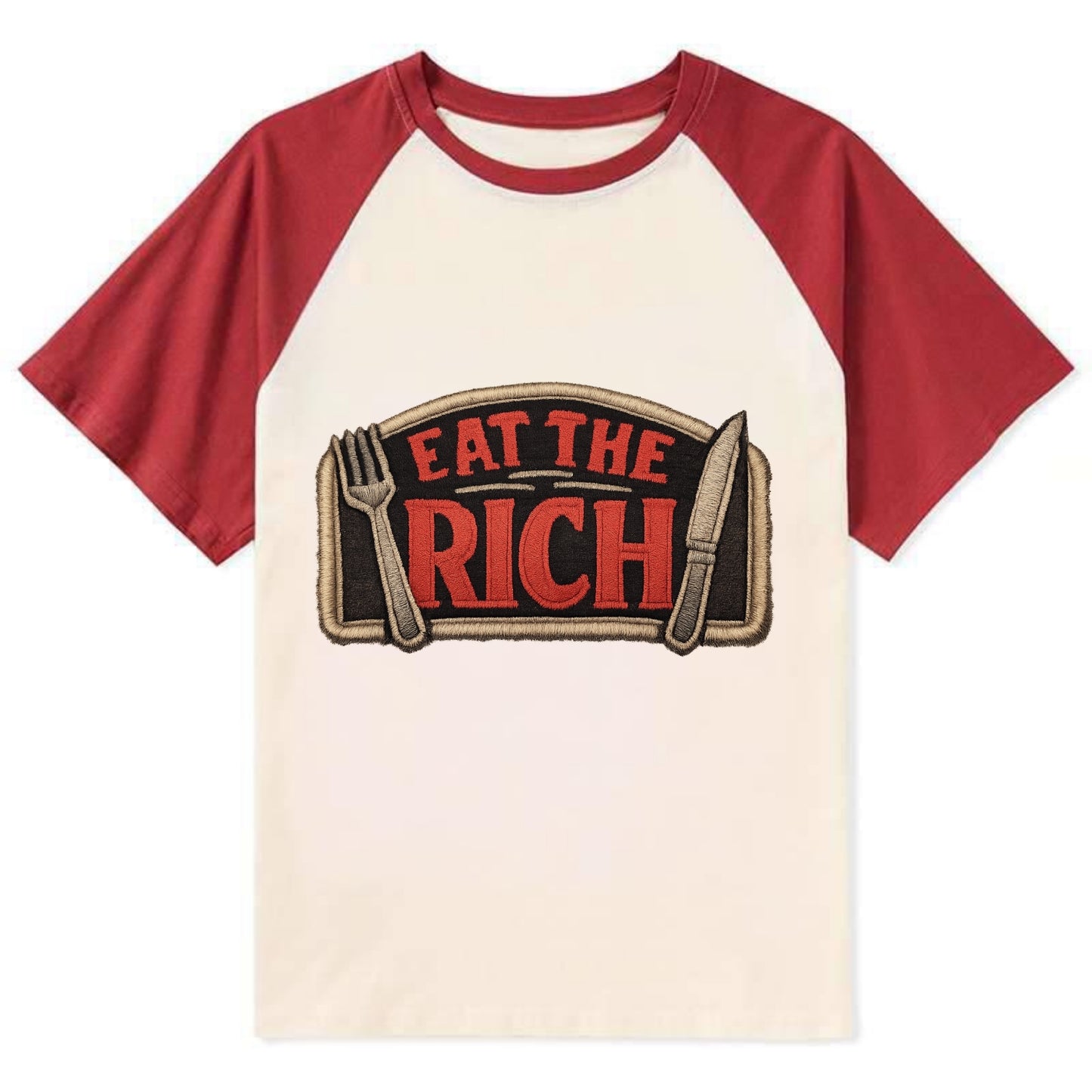 EAT THE RICH - fork and knife with text in red and silver , class war - Contrast Raglan T-shirt - Red