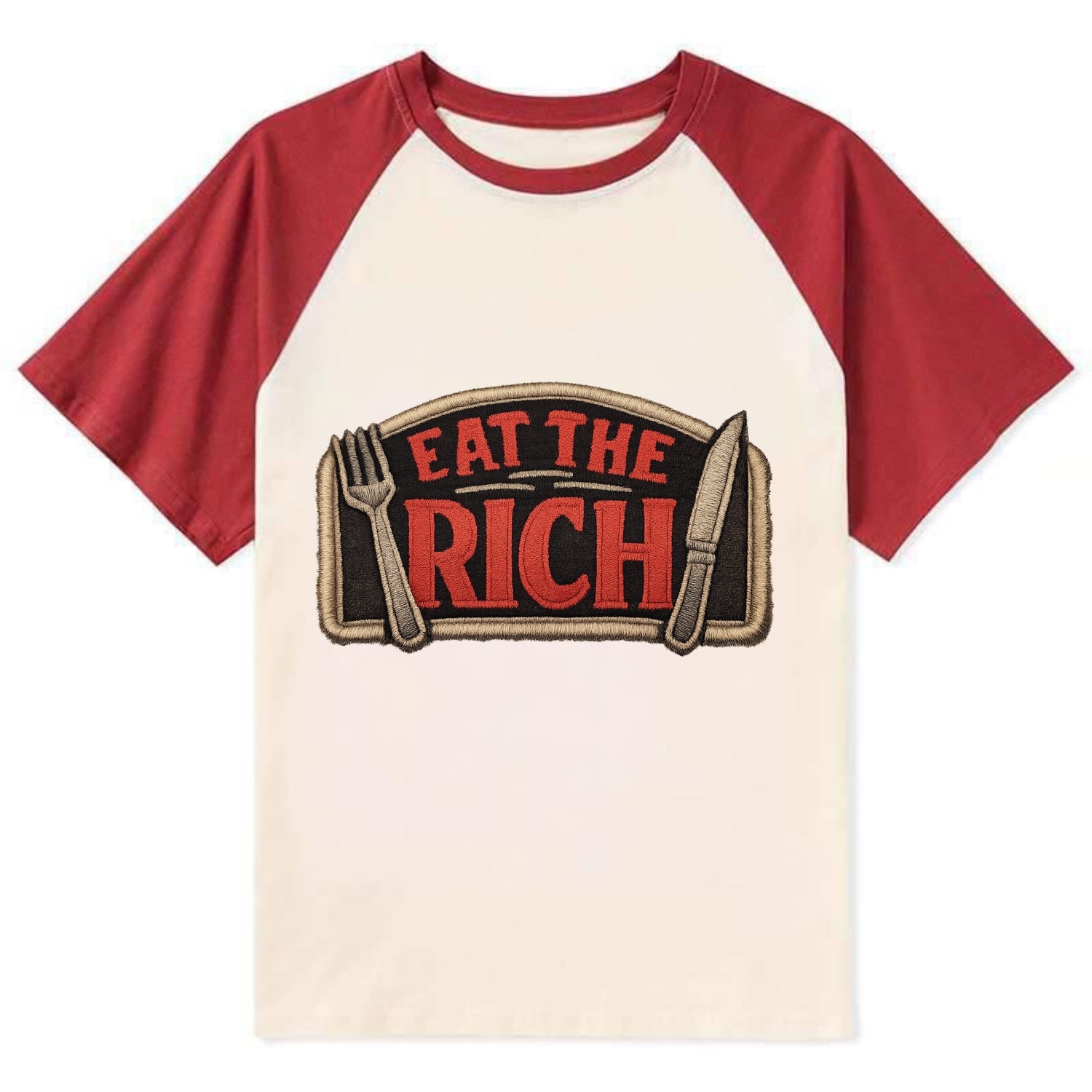 EAT THE RICH - fork and knife with text in red and silver , class war - Contrast Raglan T-shirt - Red