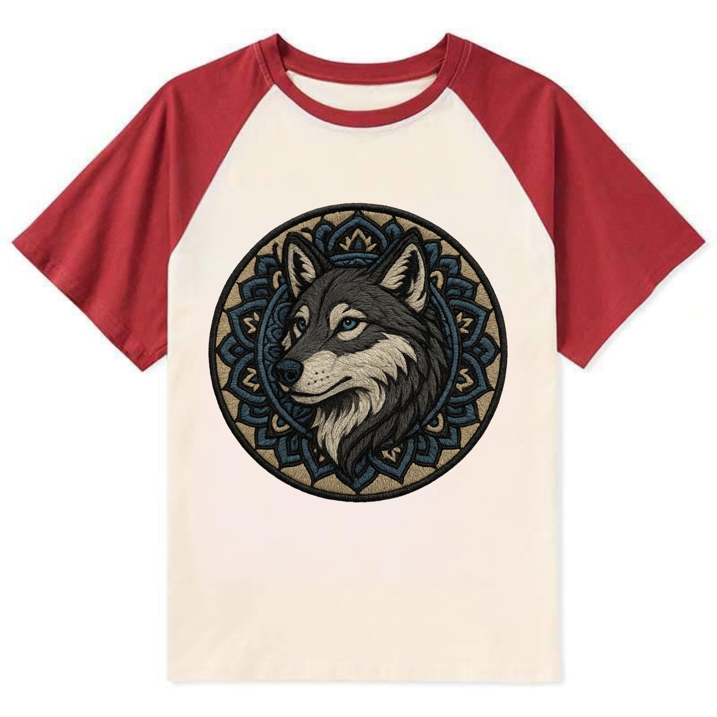 Mandala Wolf Pattern  - Contrast Raglan T-shirt - Red
