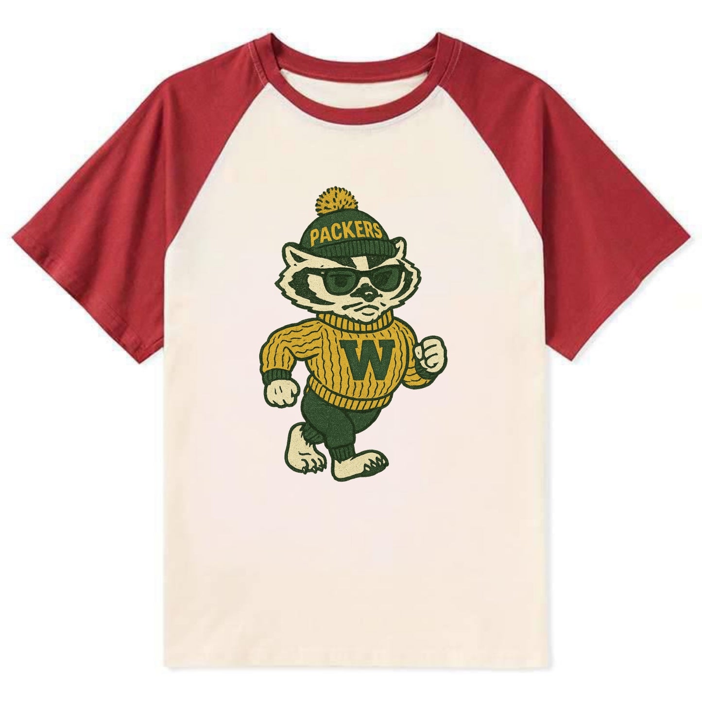 Wisconsin Badger wearing Packers green and gold beanie with pom pom and - Contrast Raglan T-shirt - Red