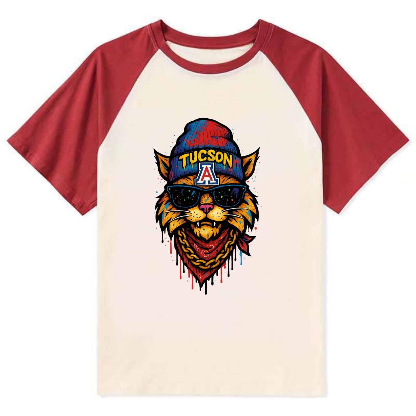 Tucson Wildcat wearing Arizona beanie with A patch - Contrast Raglan T-shirt - Red