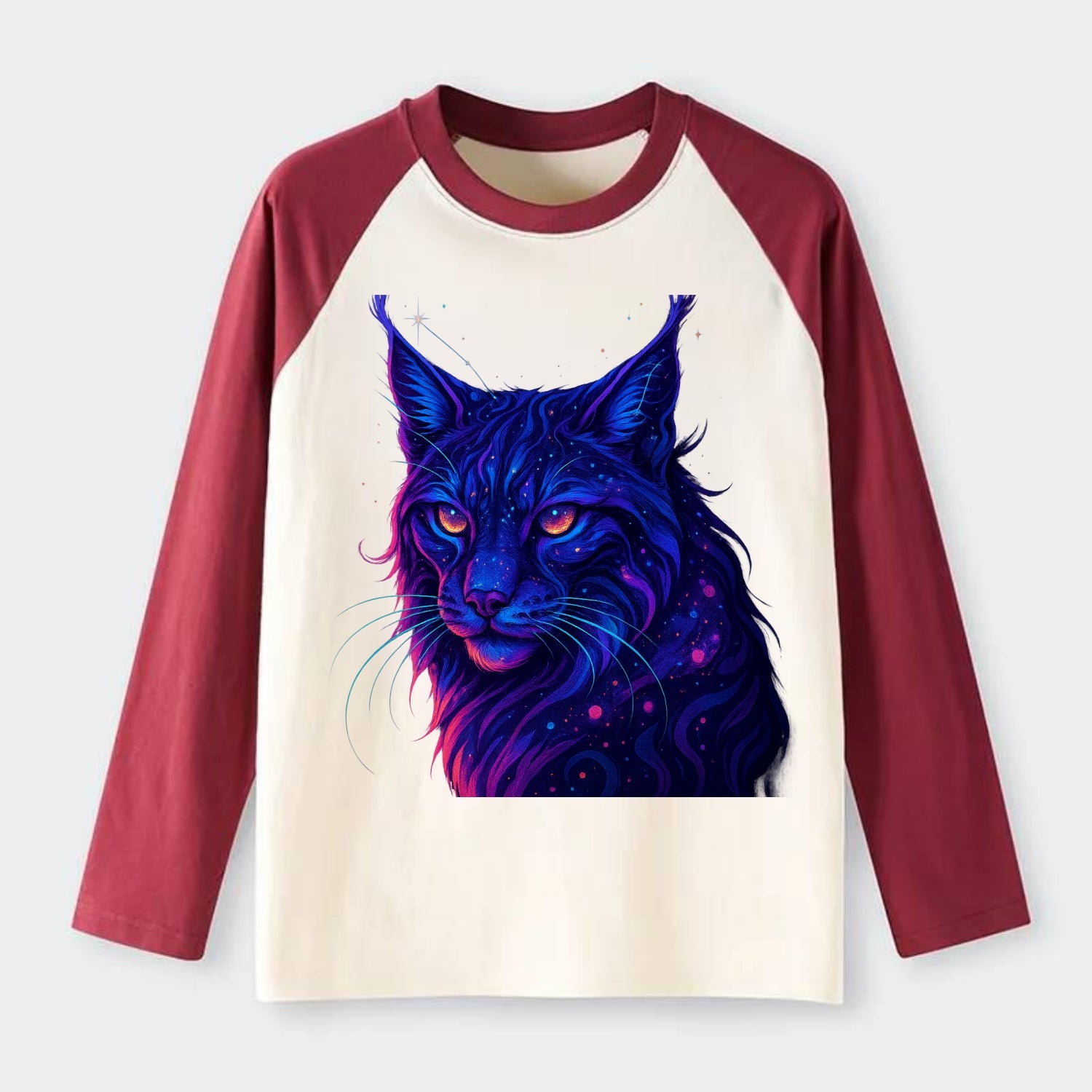 Stealthy lynx with ear tufts forming constellation patterns, nebula - Raglan Long Sleeve T-Shirt - Red