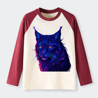 Stealthy lynx with ear tufts forming constellation patterns, nebula - Raglan Long Sleeve T-Shirt - Red