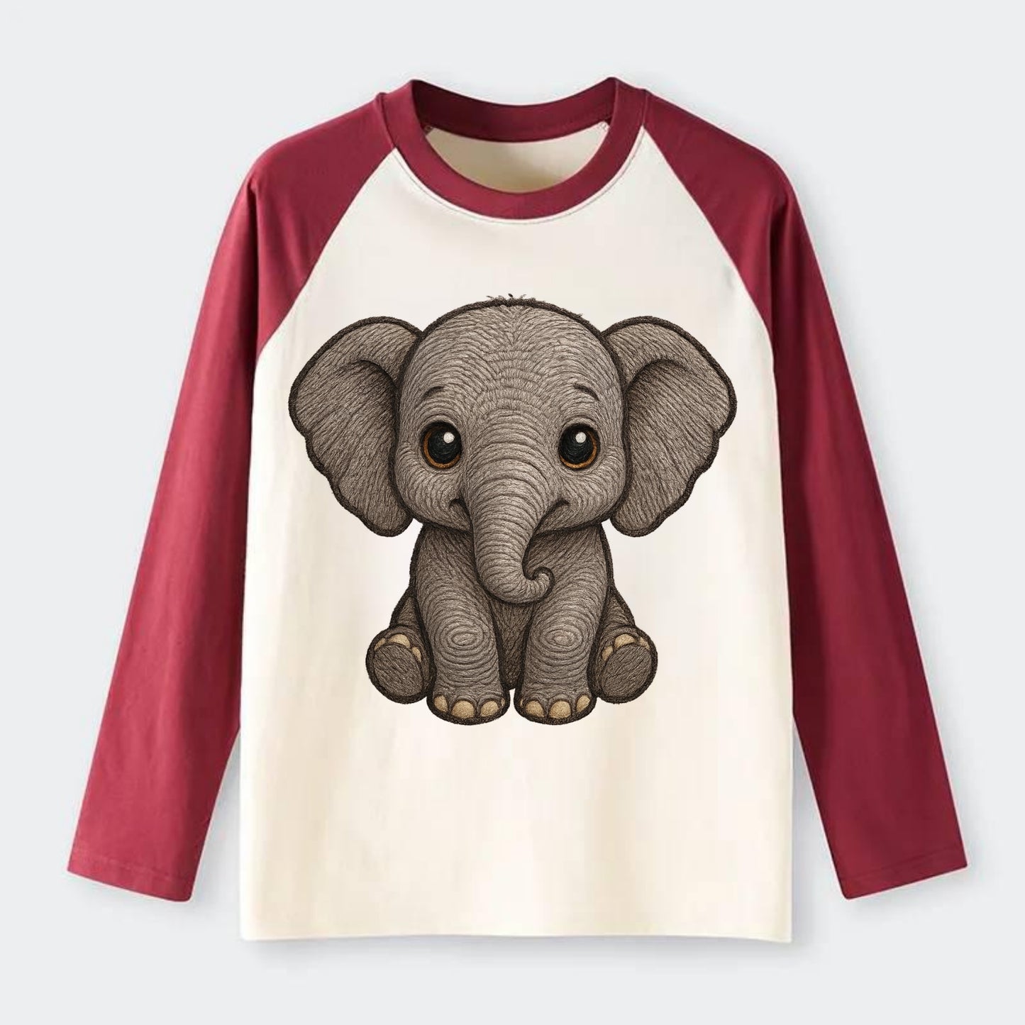 Baby Elephant - gray wrinkly, tiny trunk, large floppy ears, kind dark - Raglan Long Sleeve T-Shirt - Red