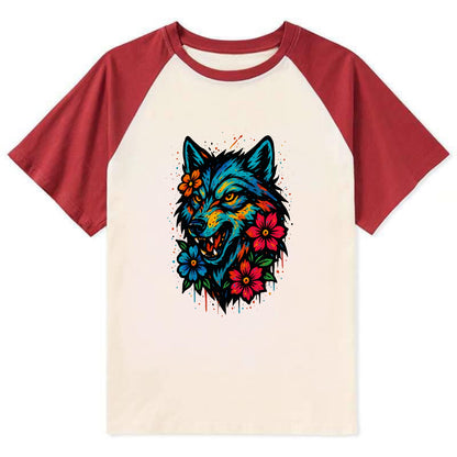 Floral Wolf Garden  - Contrast Raglan T-shirt - Red
