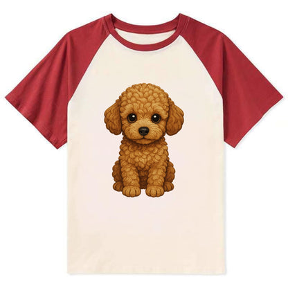 Baby Poodle Puppy - curly fluffy coat, intelligent eyes, elegant snout, - Contrast Raglan T-shirt - Red