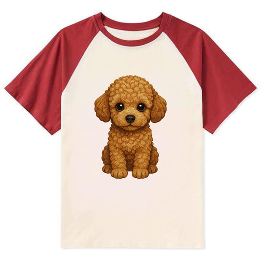 Baby Poodle Puppy - curly fluffy coat, intelligent eyes, elegant snout, - Contrast Raglan T-shirt - Red
