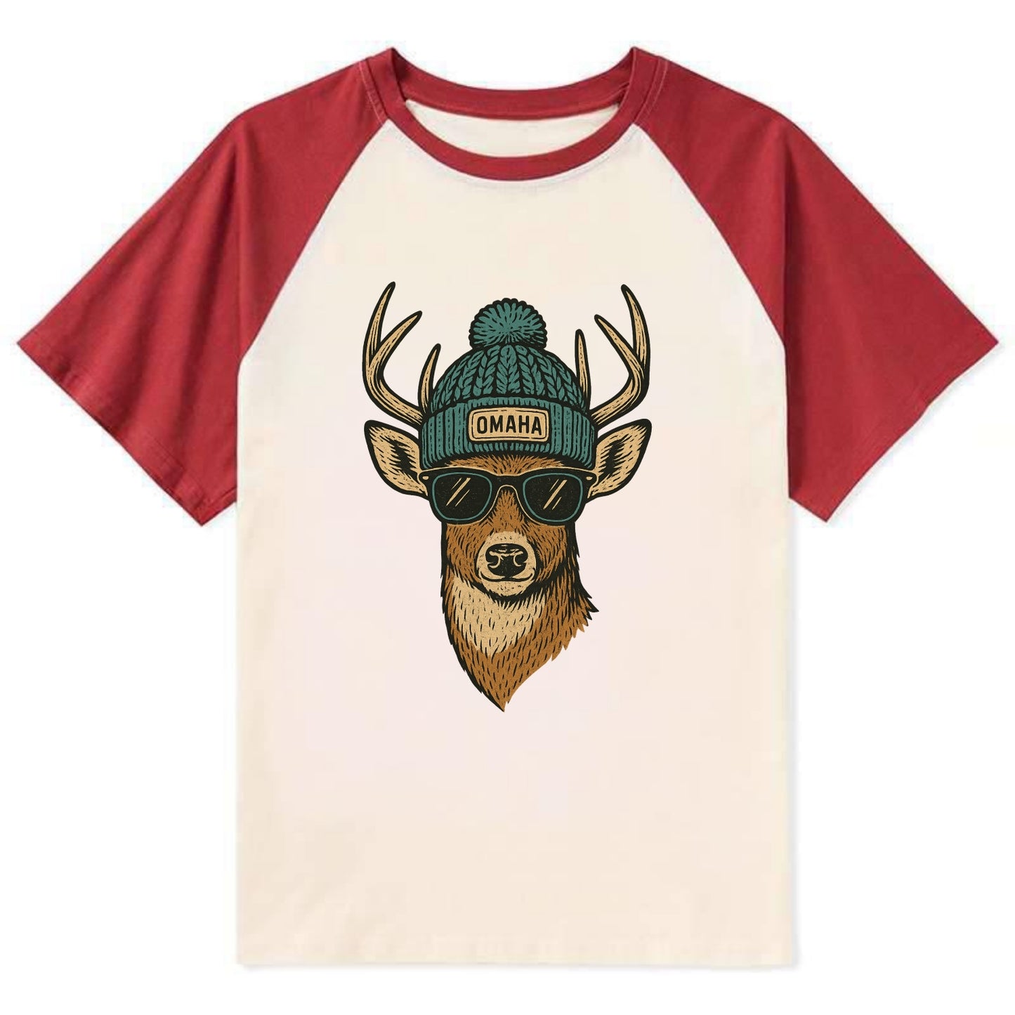Nebraska White-tailed Deer wearing Omaha beanie with pom pom and wayfarer - Contrast Raglan T-shirt - Red