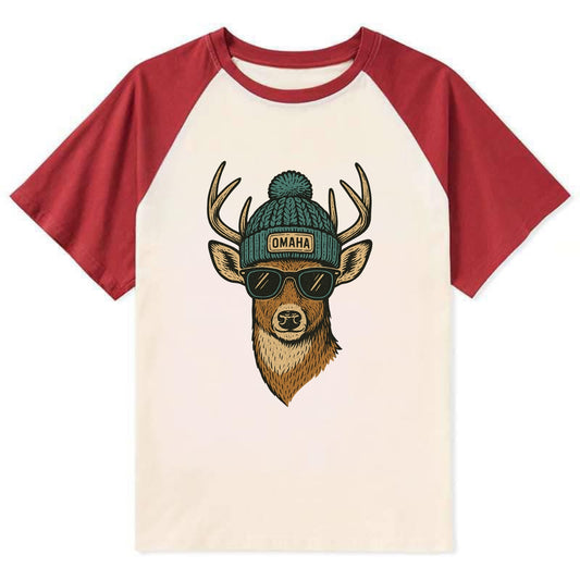 Nebraska White-tailed Deer wearing Omaha beanie with pom pom and wayfarer - Contrast Raglan T-shirt - Red
