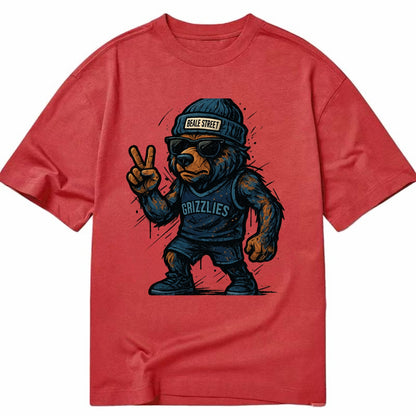 Memphis Grizzly Bear wearing Grizzlies navy and light blue beanie with Beale - Classic T-shirt - Red