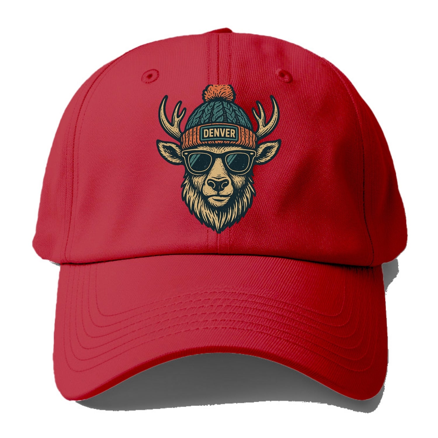 Denver Elk wearing Denver beanie with pom pom and wayfarer sunglasses - Baseball Cap - Red