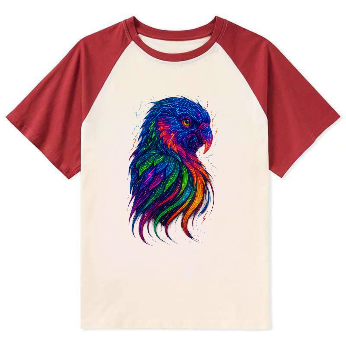 Vibrant parrot with feathers flowing into tropical rainbow streams, every - Contrast Raglan T-shirt - Red