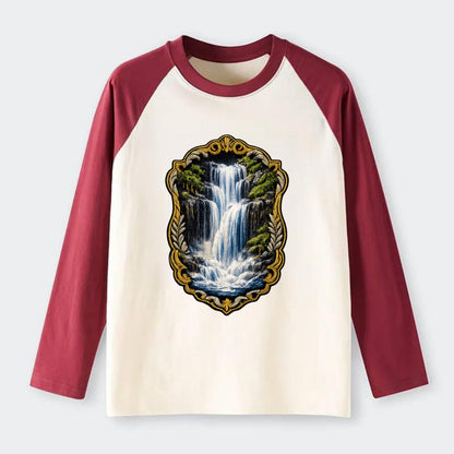 WATERFALL CASCADE - falling water with mist in blue and white , nature - Raglan Long Sleeve T-Shirt - Red