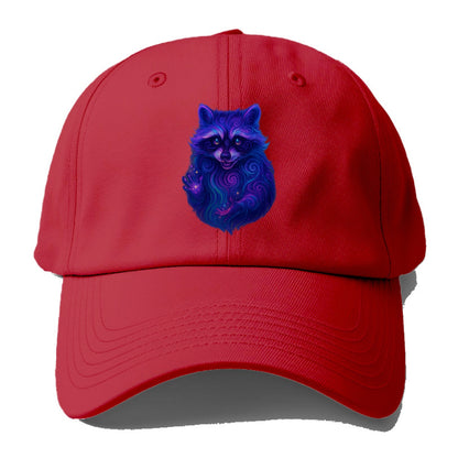 Playful raccoon with mask swirling in hypnotic patterns, neon purple and green fur - Baseball Cap - Red