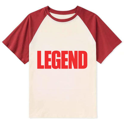 Bold typography design - "LEGEND" - remarkable person, iconic status - Contrast Raglan T-shirt - Red