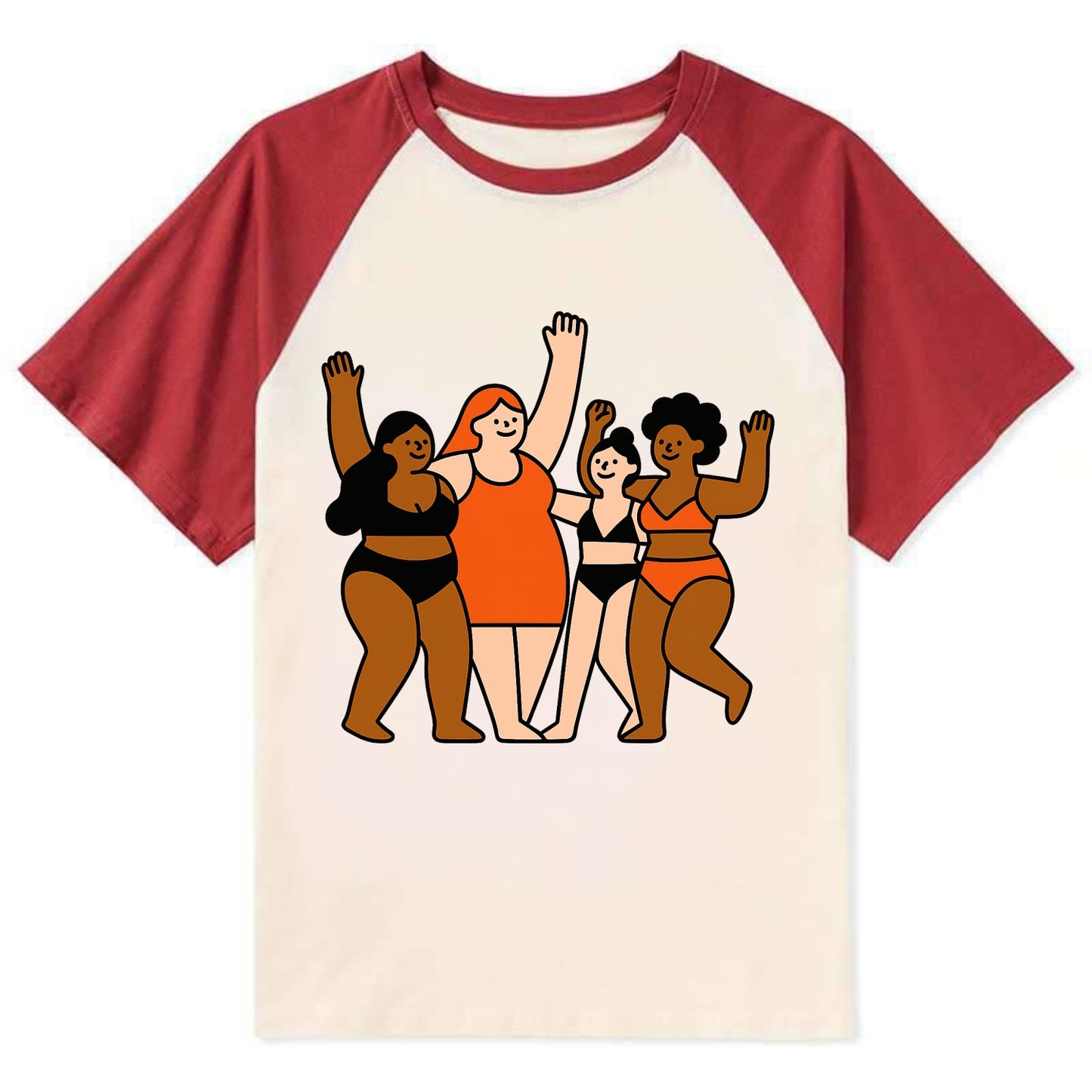 Diverse body types celebrating together - body positivity movement, all - Contrast Raglan T-shirt - Red