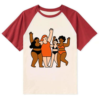 Diverse body types celebrating together - body positivity movement, all - Contrast Raglan T-shirt - Red