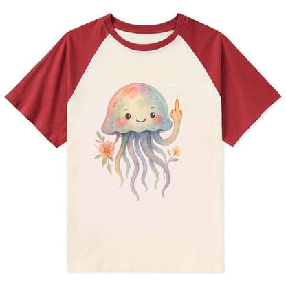 jellyfish with kawaii face and tentacles, one tentacle pointing up - Contrast Raglan T-shirt - Red