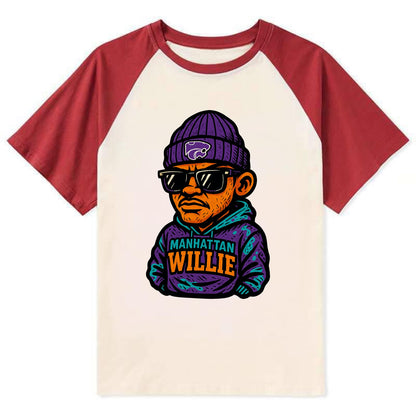 Manhattan Willie wearing Kansas State beanie with powercat patch - Contrast Raglan T-shirt - Red