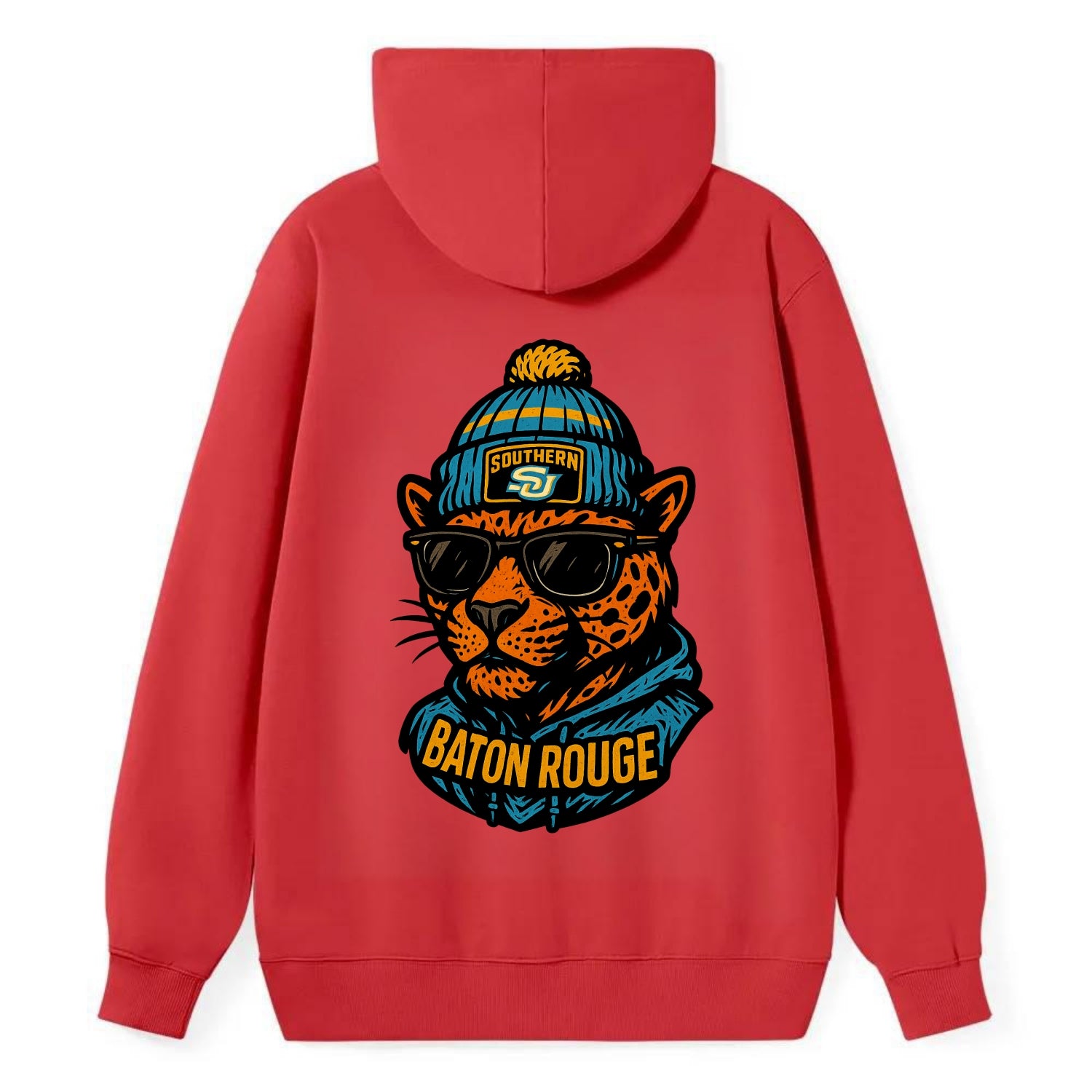 Baton Rouge Jaguar wearing Southern beanie with SU patch - Classic Pullover Hoodie - Red