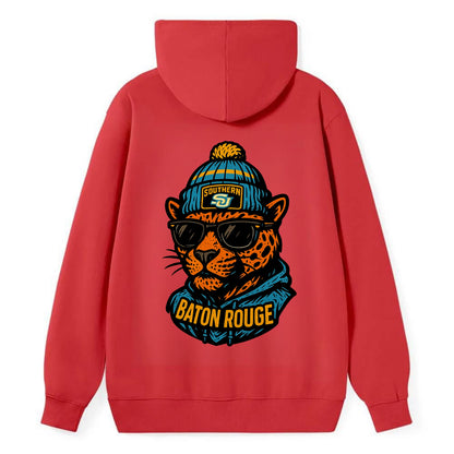 Baton Rouge Jaguar wearing Southern beanie with SU patch - Classic Pullover Hoodie - Red