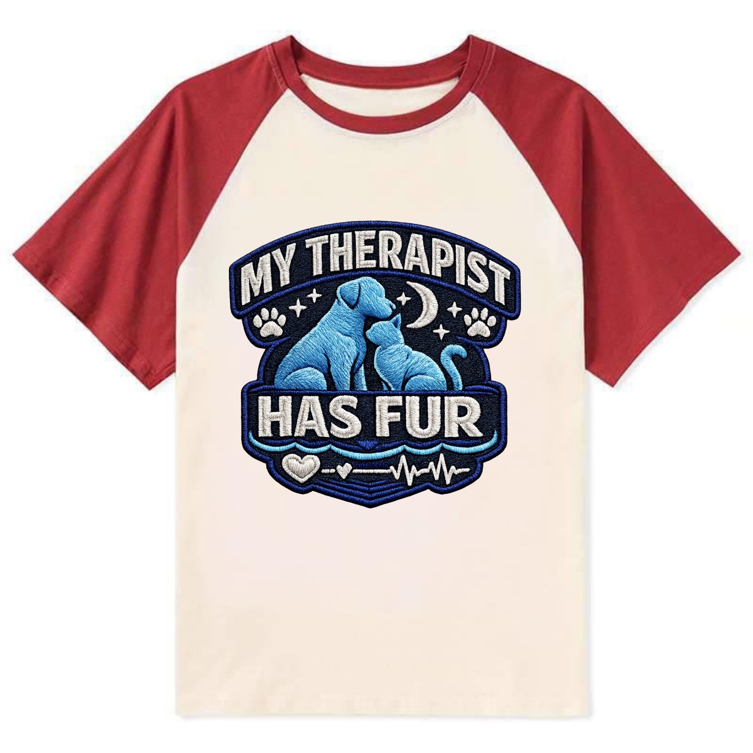 MY THERAPIST HAS FUR - pet silhouette in calming blue , emotional support - Contrast Raglan T-shirt - Red