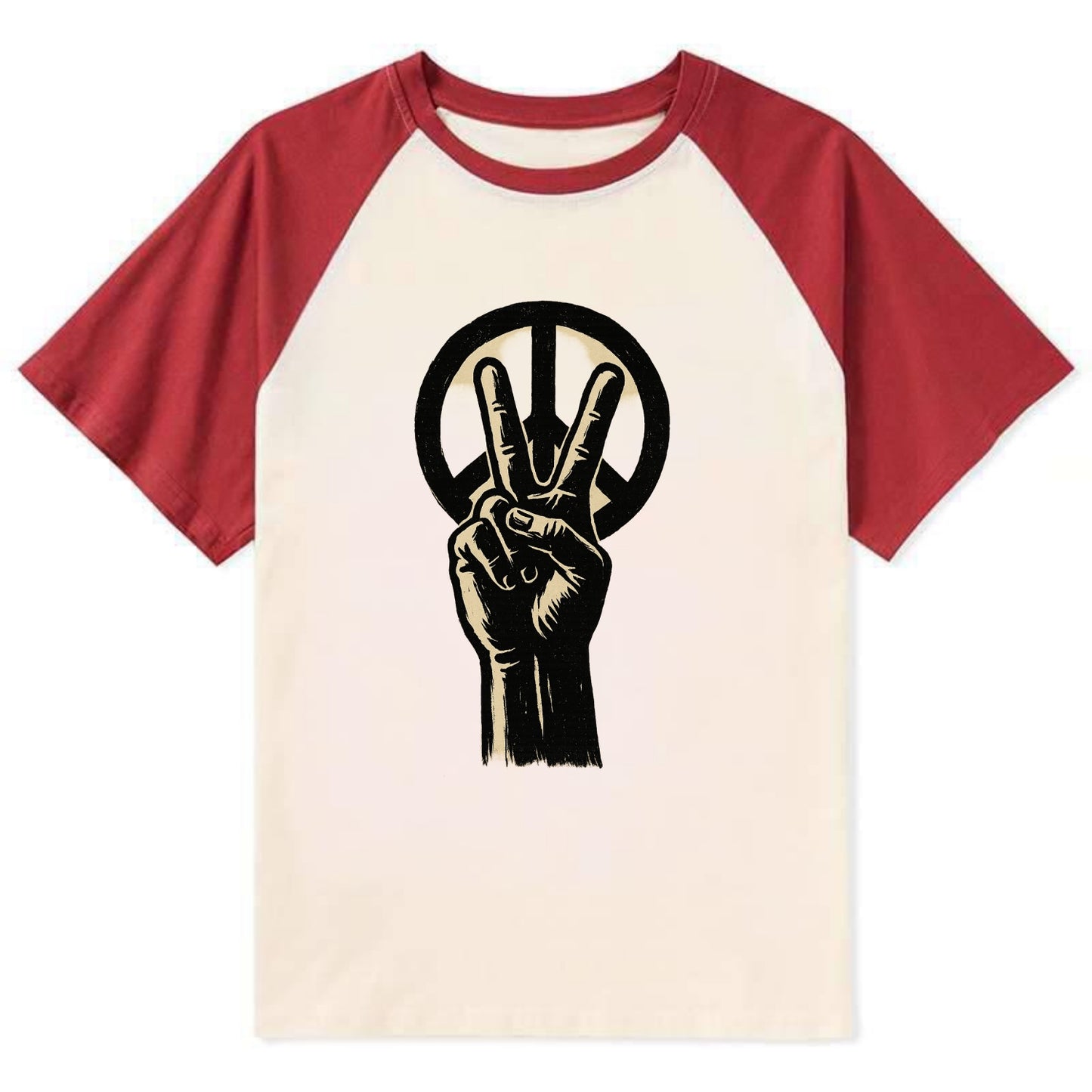 Peace sign hand gesture - anti-war movement ink brushstrokes - Contrast Raglan T-shirt - Red