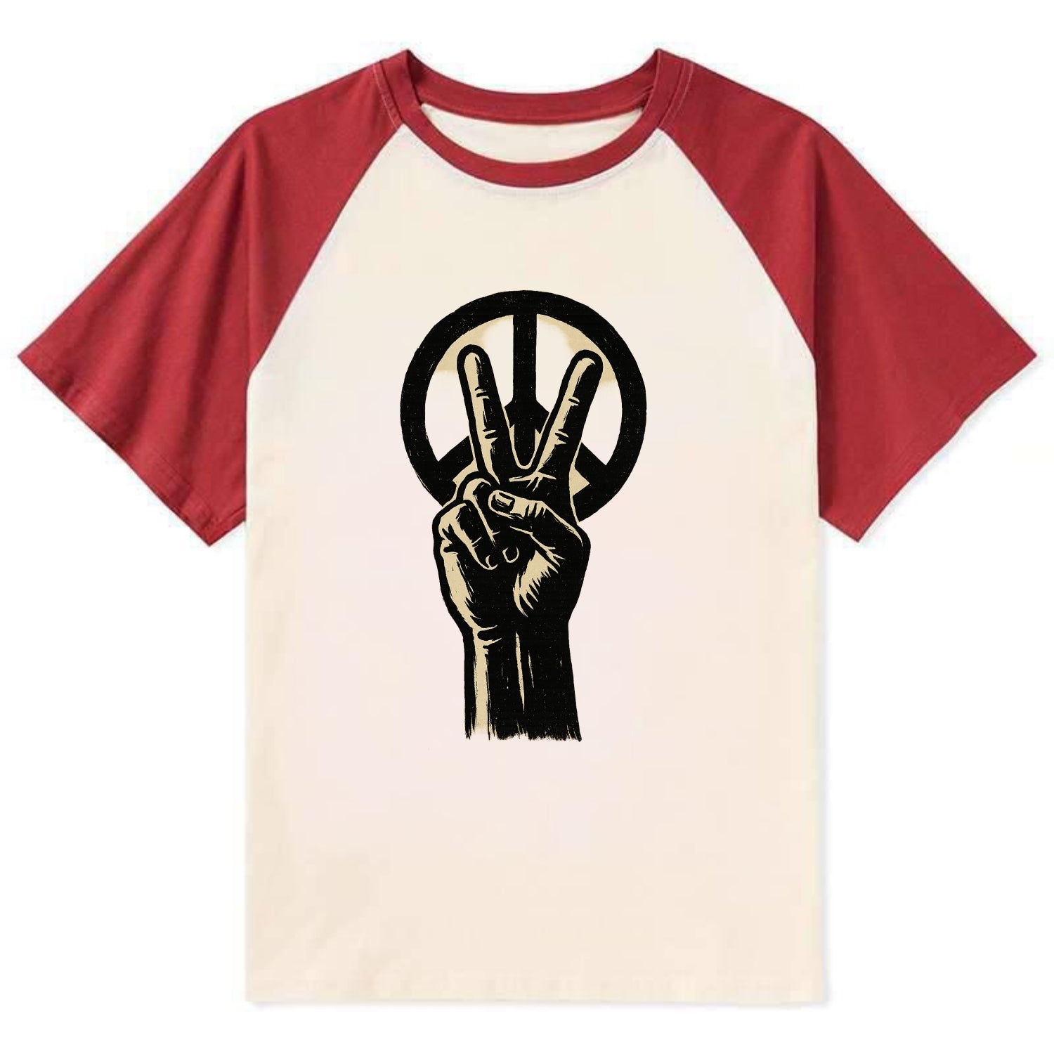 Peace sign hand gesture - anti-war movement ink brushstrokes - Contrast Raglan T-shirt - Red