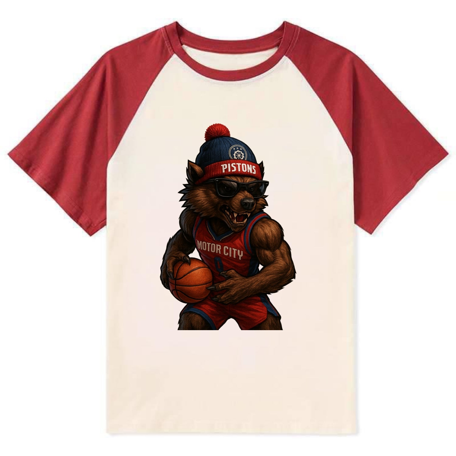 Motor City Wolverine wearing Pistons beanie with gear patch and wayfarer - Contrast Raglan T-shirt - Red