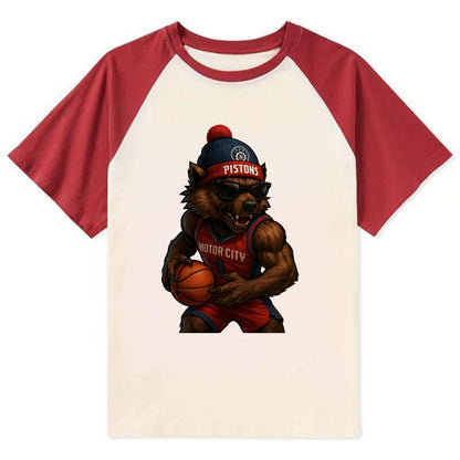 Motor City Wolverine wearing Pistons beanie with gear patch and wayfarer - Contrast Raglan T-shirt - Red