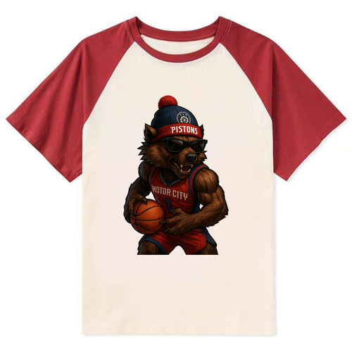 Motor City Wolverine wearing Pistons beanie with gear patch and wayfarer - Contrast Raglan T-shirt