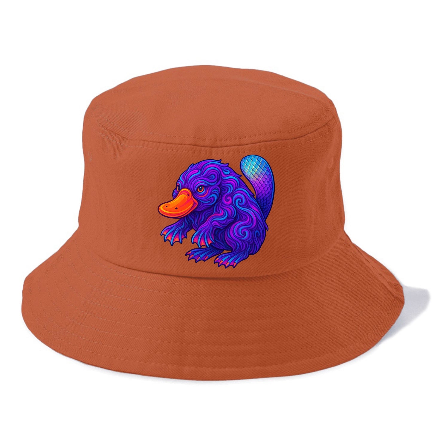 Quirky platypus with bill glowing in neon orange, beaver tail with holographic scales, - Bucket Hat - Red