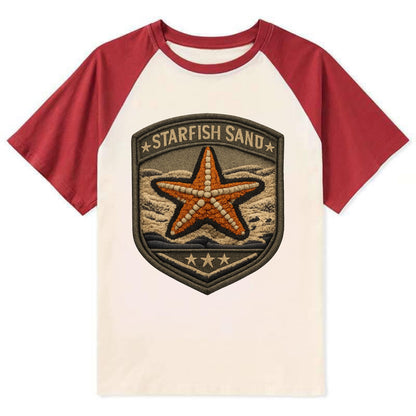 STARFISH SAND - sea star in orange and tan , beachcomber - Contrast Raglan T-shirt - Red
