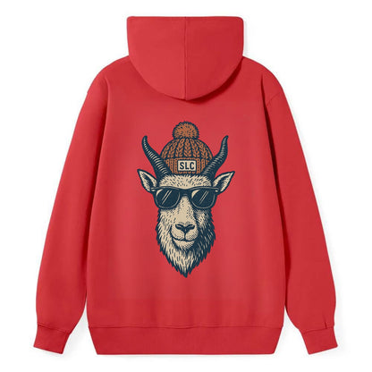 Salt Lake City Mountain Goat wearing SLC beanie with pom pom and wayfarer - Classic Pullover Hoodie - Red