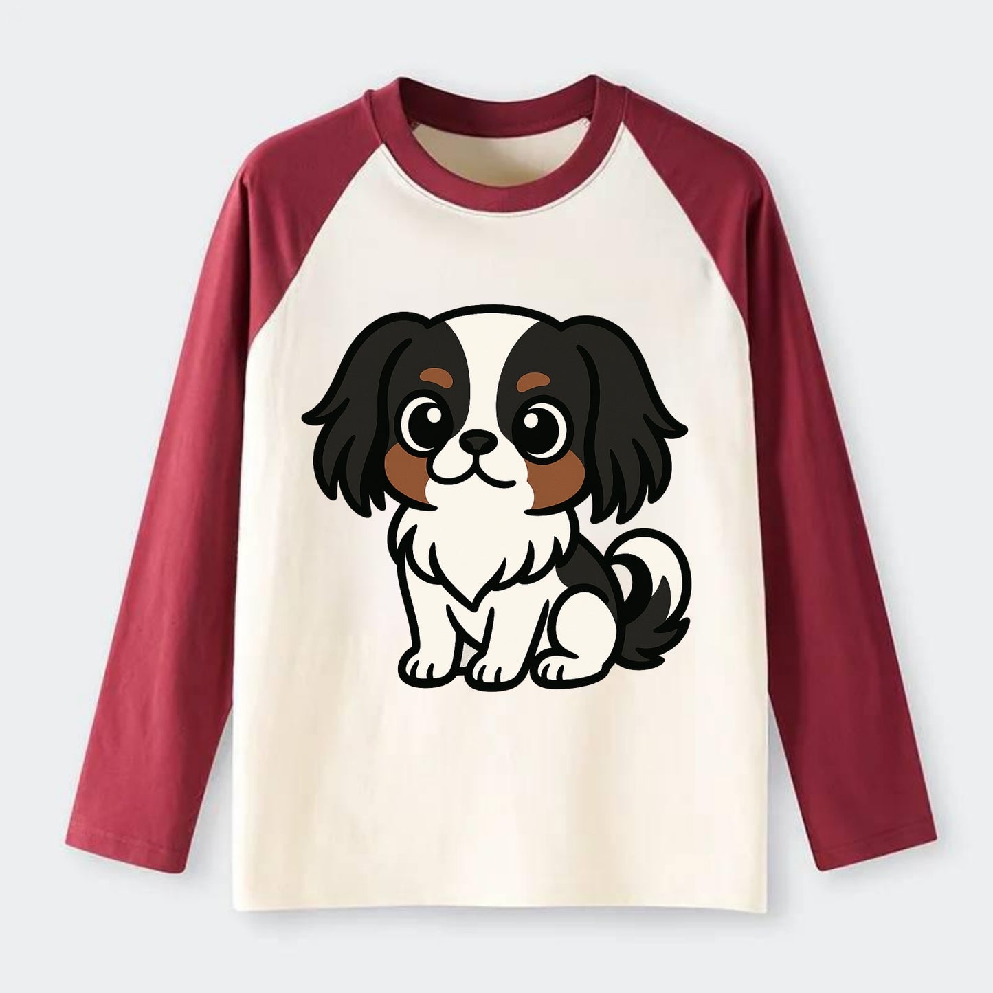 Japanese Chin - Black and white sitting pose - Raglan Long Sleeve T-Shirt - Red