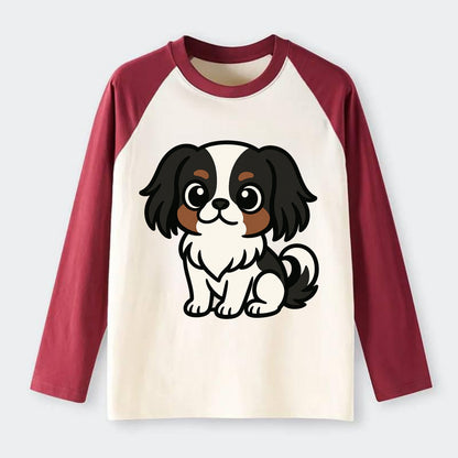 Japanese Chin - Black and white sitting pose - Raglan Long Sleeve T-Shirt - Red